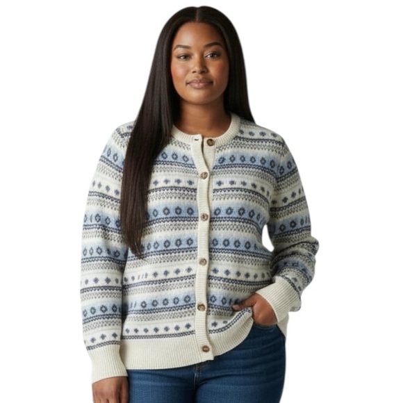 LL Bean Women’s XL Sweater - Cashmere Nordic Fair Isle Blue White Cardigan - Picture 1 of 13